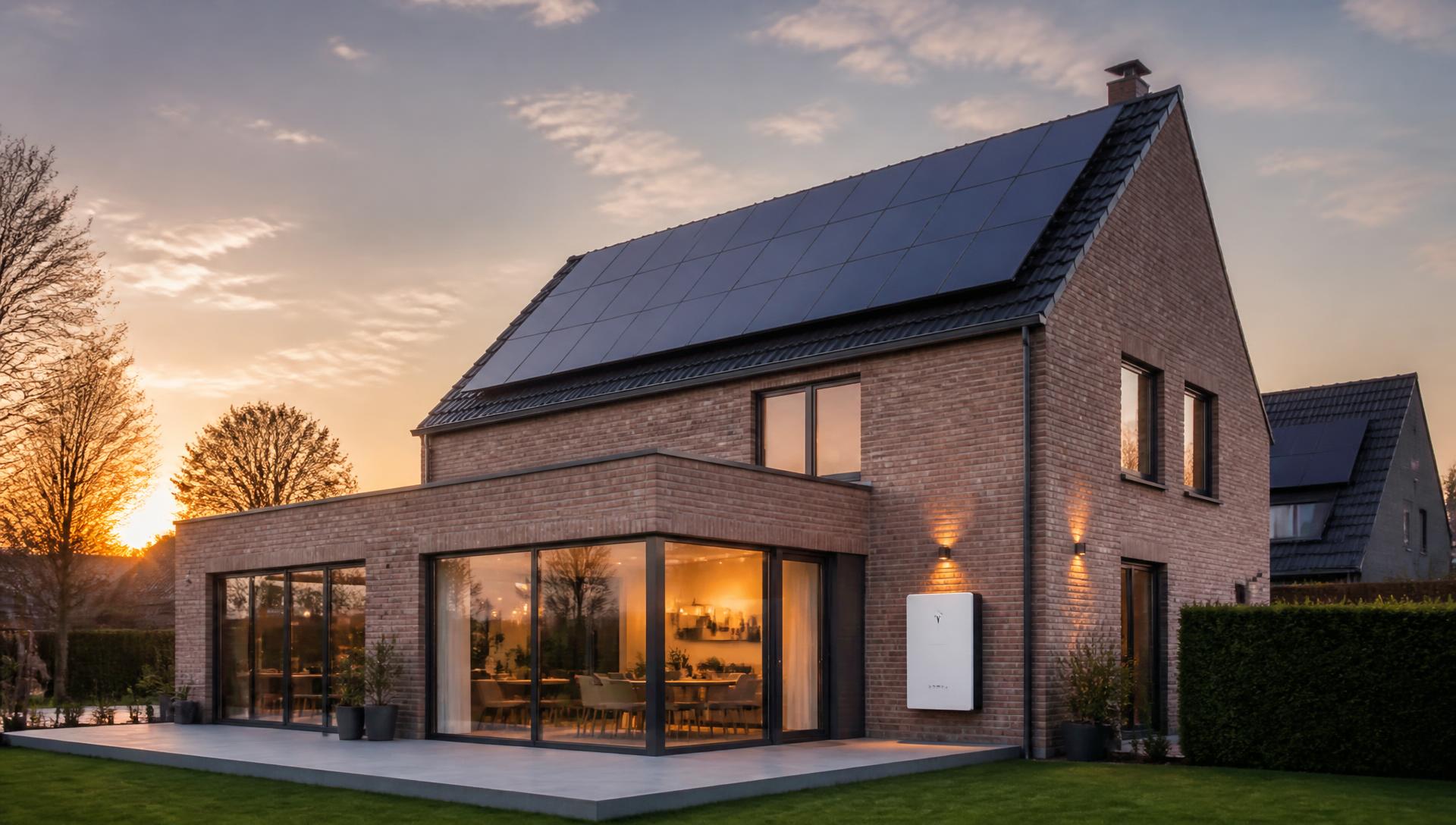 Woning met zonnepanelen en een thuisbatterij aan de muur